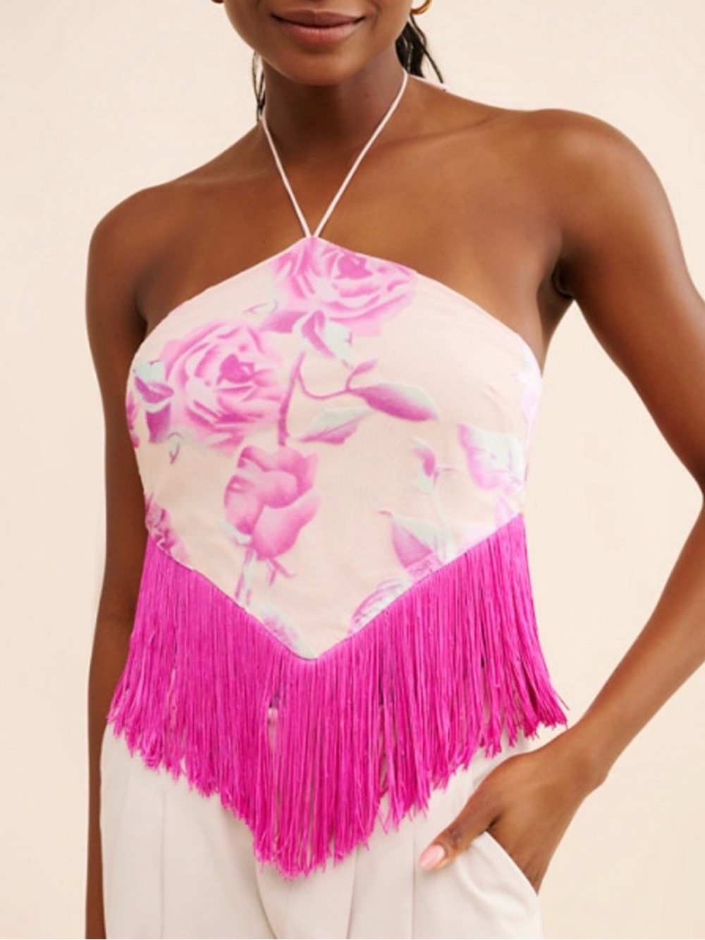 For Love & Lemons Pink Floral Fringe Halter Tank